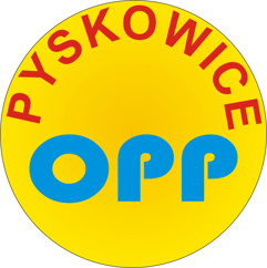 Logo OPP Pykosiwce. Żółte tło, czerwony napis Pyskwice, niebieski napis OPP.